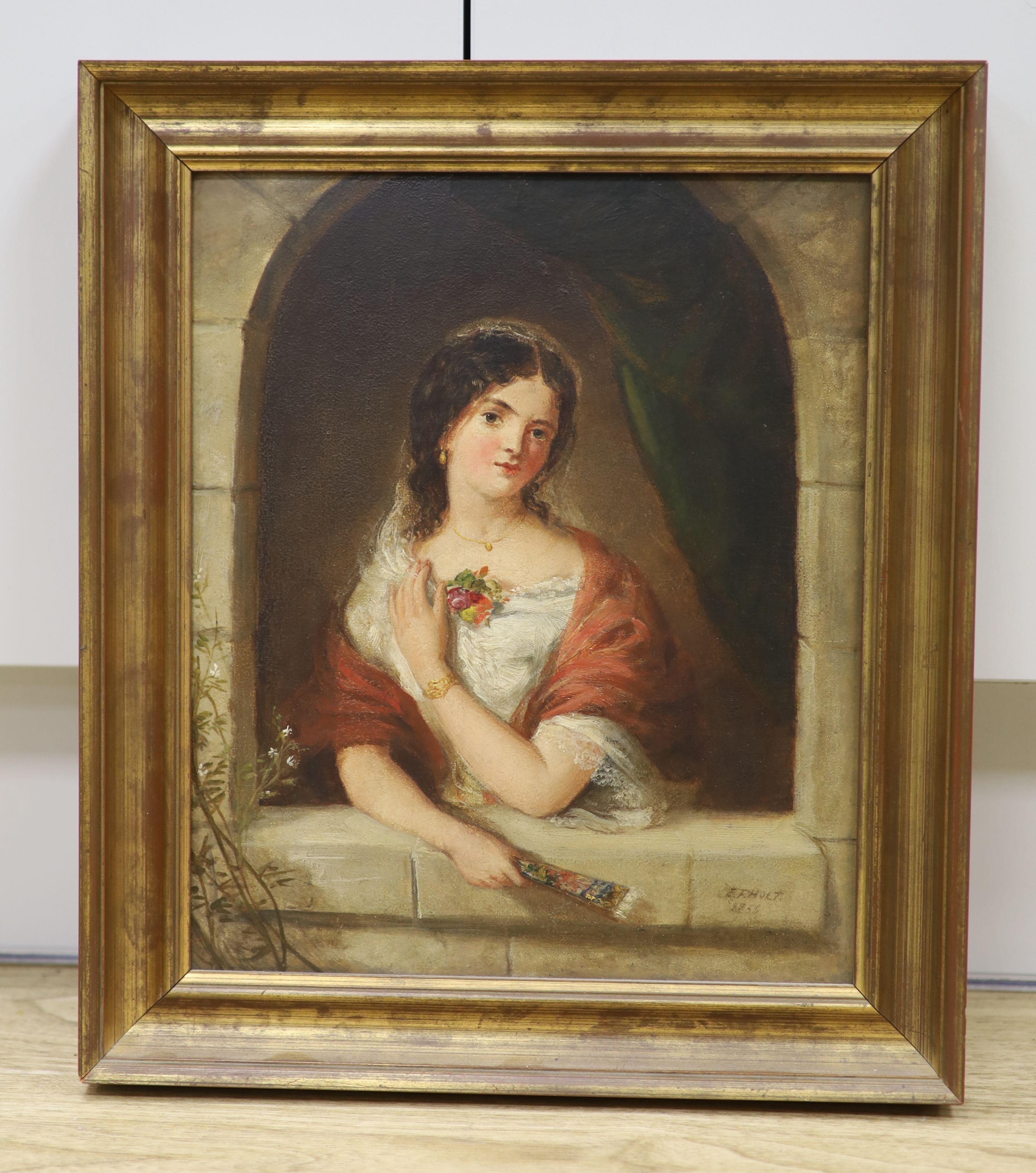 Edwin Frederick Holt (1830-1912), oil on board, Young lady in an archway, signed and dated 1855, 33 x 27cm.